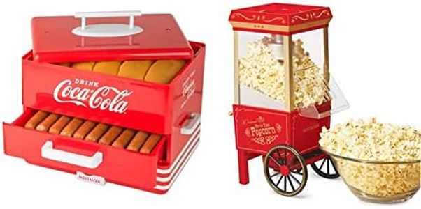 Nostalgia Extra Large Diner-Style Coca-Cola Hot Dog Steamer and Bun Warmer, Red & Popcorn Maker, 12 Cups Hot Air Popcorn Machine with Measuring Cap, Oil Free, Vintage Movie Theater Style, Red