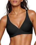 Curlady Deep V Bras for Womens Non Wired Seamless Support Padded Bralette for Saggy Breasts Comfort Soft Sexy Plunge Bra Ladies T Shirt Bralettes with Extra Extender Jet Black