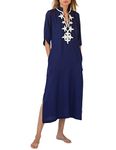 Bsubseach Casual Caftans for Women V Neck Embroidery Kaftan Dresses Cover Ups with Pocket Navy