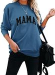 Dressmine Women's Long Sleeve Crewneck Sweatshirt Mama Letter Print Graphic Shirts Pullover Tops, Blue, Small