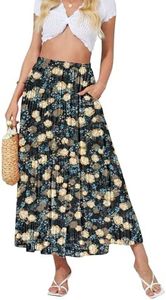 NASHALYLY Women's High Waisted Maxi Skirt,Elastic Chiffon Boho Long Skirt with Pockets(Black Yellow Flower,L)