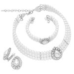 Rosemarie & Jubalee Women's Simulated Large Teardrop Pearl 3 Piece Choker Necklace Cuff Bracelet Clip On Earrings Bridal Jewelry Set, 11"+3" Extender, Metal Glass, Crystal