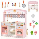 Maxmass Kids Wooden Play Kitchen, 2-in-1 Double-sided Toy Kitchen with Folding Dinning Set & Awning, BBQ Grill, 14 Rich Accessories, Clock and Oven, Children Pretend Cooking Playset for 3-8 Years Old