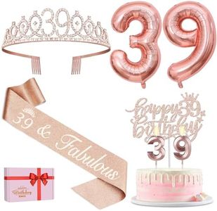 39th Birthday Decorations for Women with 39th Birthday Sash and Crown, Number 39 Candles and Cake Topper, Rose Gold 39 Balloons, 39 Birthday Gifts for Women Birthday Decorations Favor Supplies