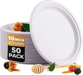 50 x Disposable Round Paper Plates [10 Inch, 26cm] Large Heavy Duty Strong Party Plates for Hot Food Reusable Sturdy Super Rigid Takeaway Bagasse Sugar Cane for Weddings, Christmas