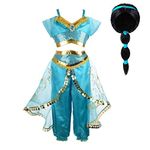 Tacobear Jasmine Costume for Girls Arabian Sequined Jasmine Dress up with Wig Tiara Wand Cosplay for Kids (120(4-5T), 01 Jasmine Costume with Wig)