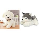 Babique Dog Plush Soft Toy, White+Cute Cat Animal Soft Push Toy-(Set of 2Toys)