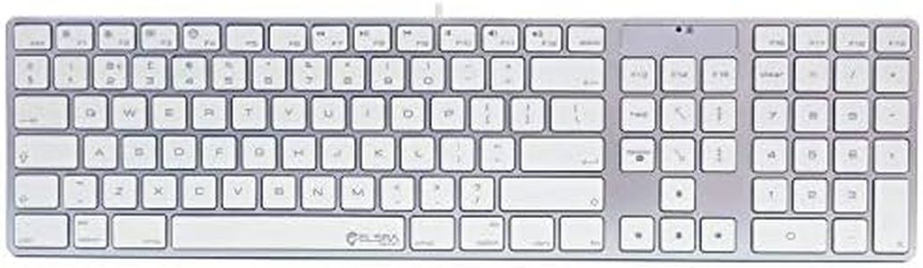 ELSRA Low Profile USB Wired Full Size Mac Compatible Keyboard with Numeric Keypad, Silicone Cover Skin Included, UK Layout - Silver/White