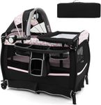 INFANS 4 in 1 Baby Travel Cot, Portable Baby Playard with Bassinet Changing Table Adjustable Canopy, Foldable Nursery Centre with Storage Basket Oxford Bag for Newborn Toddlers (Black + Flower)