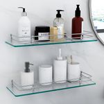 FORTUNE Multipurpose Wall Hung Glass Shelf, Front Bathroom Shelf with Wall Brackets Storage Holder, 18 x 6 -inch Transparent- (Pack of 2)