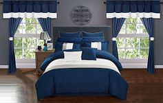 Chic Home 24 Piece Comforter Set Color Block Quilted Embroidered Complete Bag Sheets Bed Skirt Decorative Pillows Shams Window Treatments Curtains Included, Cotton, Navy, Queen