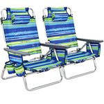 GYMAX Folding Recline Beach Chair, Set of 2 Adjustable Camping Chair with Ice Bag, Cup Holder, Towel Bar & Side Pockets, Lightweight Portable Patio Lounger for Outdoor (Blue Strip, Without Table)