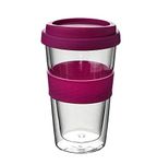 P-Plus International Reusable Coffee Mug 350ml Double-Layer Heat-Resistant Handicraft Glass Tea/Coffee Cup sip lid for Natural Test Insulation for hot & Cold Beverages Cup with Silicone Cover (Purple)