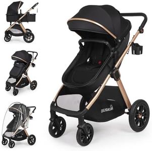 6-in-1 Convertible Baby Stroller with Bassinet Mode - Toddler Stroller w/Footmuff, Rain Cover, Cup Holder & Large Storage, Newborn w/All-Scene Large Wheels, Reversible Seat(Black)