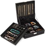 Velvet Jewelry Box Organizer - Lockable 2 Layer Travel Case, Earrings Storage with Removable Tray for Women, Men (Black)