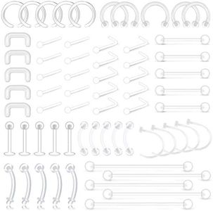 D.Bella 65pcs Mix Style Clear Piercing Retainer Flexible Lip Ear Nose Septum Eyebrow Nipple Tongue Rings Cartilage Tragus Earrings Retainer Bioflex Horseshoe Hoop Industrial Barbell, Bioflex, plastic