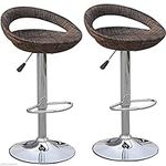 HOMCOM Set of 2 Bar Stools, Swivel Seat Rattan Wicker Pub Chair, Kitchen Island Stool, Adjustable Height Bar Chairs with Metal Base