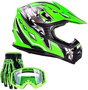 Typhoon Youth Kids Offroad Gear Combo Helmet Gloves Goggles DOT Motocross ATV Dirt Bike MX Motorcycle Green (Large)