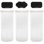 Three Tall Clear Plastic Canisters w/White Lids & Chalk Labels (2.5 Quart / 10 Cup Capacity); 10-inch High BPA-Free PET Plastic 80oz Jars Great for Food & Home Storage (3-Pack)