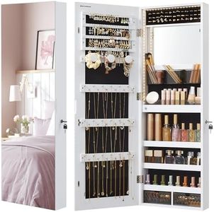 SONGMICS Mirror Jewelry Cabinet Armoire Organizer, Wall or Door Mount Storage Cabinet with Full-Length Frameless Lighted Mirror, Built-in Makeup Mirror, 2 Drawers, Lockable, Christmas Gift, White
