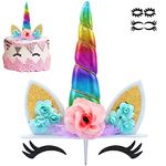 Unicorn Cake Topper Handmade Rainbow Horn Unicorn Cake Topper Unicorn Happy Birthday Party Decoration Supplies Magic Reusable Cake Topper with Eyelashes and Stack for Girls Kid Women, 5.8 Inch