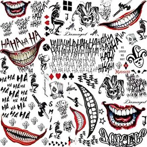 GOROMON 6 Sheets The Joker Temporary Tattoos For Halloween Makeup Kit, Suicide Squad Joker Tattoos Stickers For Women Men Adults, Damaged Tattoo Joker Hand Smile Face Poker Prisoner Costume Skull Set