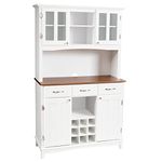 COSTWAY Large Kitchen Storage Cabinet, Freestanding Buffet Cupboard with Adjustable Shelves, Tempered Glass Doors, 9 Wine Compartments & 3 Drawers, Wooden Tall Sideboard for Living Room Office (White)