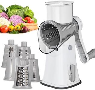 Ourokhome Rotary Cheese Grater Shredder, Multifunction 5 in 1 Kitchen Manual Speed Round Mandolin Food Slicer Vegetable Shooter Potato Hashbrown Grinder for Nut, Carrot, Radish, Cucumber, White…