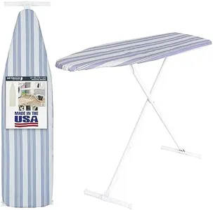 Ironing Board Full Size; Made in USA by Seymour Home Products (Blue Stripe) Bundle Includes Cover + Pad | Iron Board w/Steel T-Legs Adjustable Tabletop up to 36" High; Perforated Top for Steam Flow