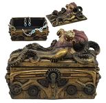 Ebros Faux Bronze Steampunk Octopus On Pirate Treasure Chest Decorative Jewelry Box Figurine Gas Mask Kraken Foot Soldier Warrior Statue