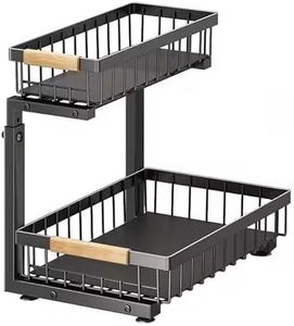 LUX LIFE Lumela Under Sink Organizer, 2-Tier Slide-Out Cabinet Organizer Shelf, Height Adjustable Metal Pull-Out Storage Rack with Wood Handle for Kitchen & Bathroom Cabinets (Black)
