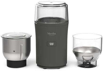 Martha Stewart Electric Coffee & Spice Grinder, Dual 2.5oz Removable Bowls, Storage Lids, Stainless Steel Blades, One Touch Pulse Control, 2-in-1 Compact, Beans & Spices, Herbs & Nuts, Caviar Gray