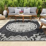 homeart Outdoor Rug - Easy-Clean, Durable, Stain-Resistant, Weather & UV Resistant Indoor & Outdoor Rugs for Porch, Deck, Balcony, Garden, Picnic and Patio | Mandala Black, Cream - 80x150cm