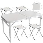 Rainberg Camping Table Set with 4 Chair, Outdoor Indoor Use for BBQ Picnic Garden Parties Set In White Foldable Portable Design 4FT Size