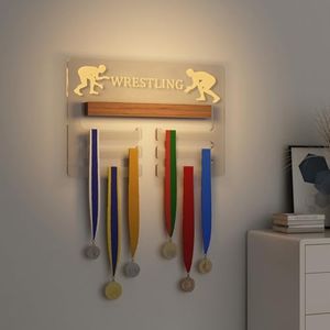 Ammonite Light up Wrestling Medal Hanger Display, Holder Rack for Awards or Ribbons, Sports Themed Ribbon Holder for Wall, Tiered Award Rack