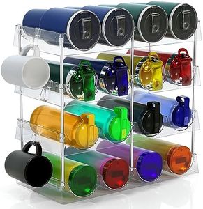 DWWFCC Large Water Bottle Organizer for Cabinet w 8 Hooks - Stackable Clear Bottle Storage Organizer, Acrylic Plastic Tumbler Travel Mug Cup Organizer Holder Wine Rack for Countertop-2oz to 32oz