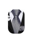 Barry.Wang Men Ties Pocket Square Cufflinks Silk Necktie Set Silver Grey Plaid