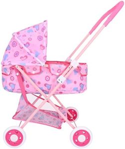 Bebamour Dolls Stroller Toy Baby Doll Pram Stroller Set - Dolls Up to 18" with Removable Bassinet Doll Carriage with Adjustable Canopy for Toddlers Girls (Pink)