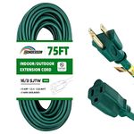 HONDERSON 75FT Outdoor Extension Cord-16/3 SJTW Durable Green Extension Cable with 3 Prong Grounded Plug for Safety,Great for Outside Christmas Decorations