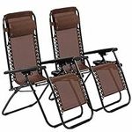 Dopinmin Zero Gravity Chairs Outdoor Adjustable Recliner Chair Folding Lounge Patio Chairs with Cup Holder Pillows Set of 2 for Beach Yard Lawn and Camp,Brown