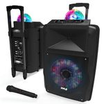 Pyle Portable PA System 30cm, 700W Bluetooth Party Speaker, Rechargeable DJ Sound System with Disco LED Lights, Wireless Microphone, USB/SD/Radio, Recording Mode, Battery Powered Speaker