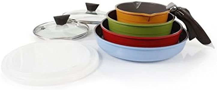 Neoflam 52101 Midas 9-Piece Ceramic Nonstick Cookware Set with Detachable Handle, Multicolored, Space-Saving