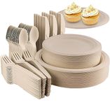 Disposable Paper Plates Set, 250Pcs Disposable Dinnerware Set, Compostable Plate Sugarcane Utensils, Eco Friendly Dinnerware Kit Includes 50 Biodegradable Plates, Forks, Knives and Spoons for Party