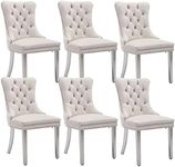 Velvet Dining Chairs Set of 6, Upholstered Dining Room Chairs with Back Ring Pull Trim and Sliver Stainless Steel Legs,Modern Kitchen Chairs Perfect for Dining Room,Living Room,Kitchen(Beige)