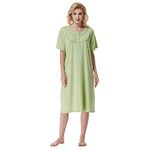 Keyocean Summer Women Nightgowns, Soft Comfy 100% Cotton Lighweight Short Sleeves Ladies Nightdress, Medium Green, Small