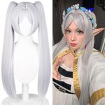 Frieren Cosplay Wig Light Grey Frieren Wig with Double Ponytails & Bangs, Women's Long Anime Cosplay Wig Synthetic Fiber Hair for Costumes Party