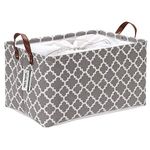 Sea Team Moroccan Pattern Canvas Fabric Storage Basket Collapsible Geometric Design Storage Bin with Drawstring Cover and PU Leather Handles, 16.5 by 11.8 inches, Waterproof Inner