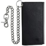 RFID Blocking Mens Tri-fold Long Style Cowhide Leather Steel Chain Wallet,Black