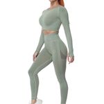 JOJOANS Gym Sets for Women 2 Piece Seamless Tracksuit Workout Yoga Outfit Loungewear Long Sleeve Crop Top High Waist Leggings(Green, L)