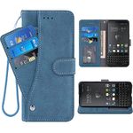 ELISORLI Compatible with BlackBerry KEY2 Wallet Case Wrist Strap Lanyard Leather Flip Card Holder Stand Cell Accessories Folio Purse Credit ID Slot Phone Cover for KEY 2 Two KEYtwo Women Men-UK-Blue